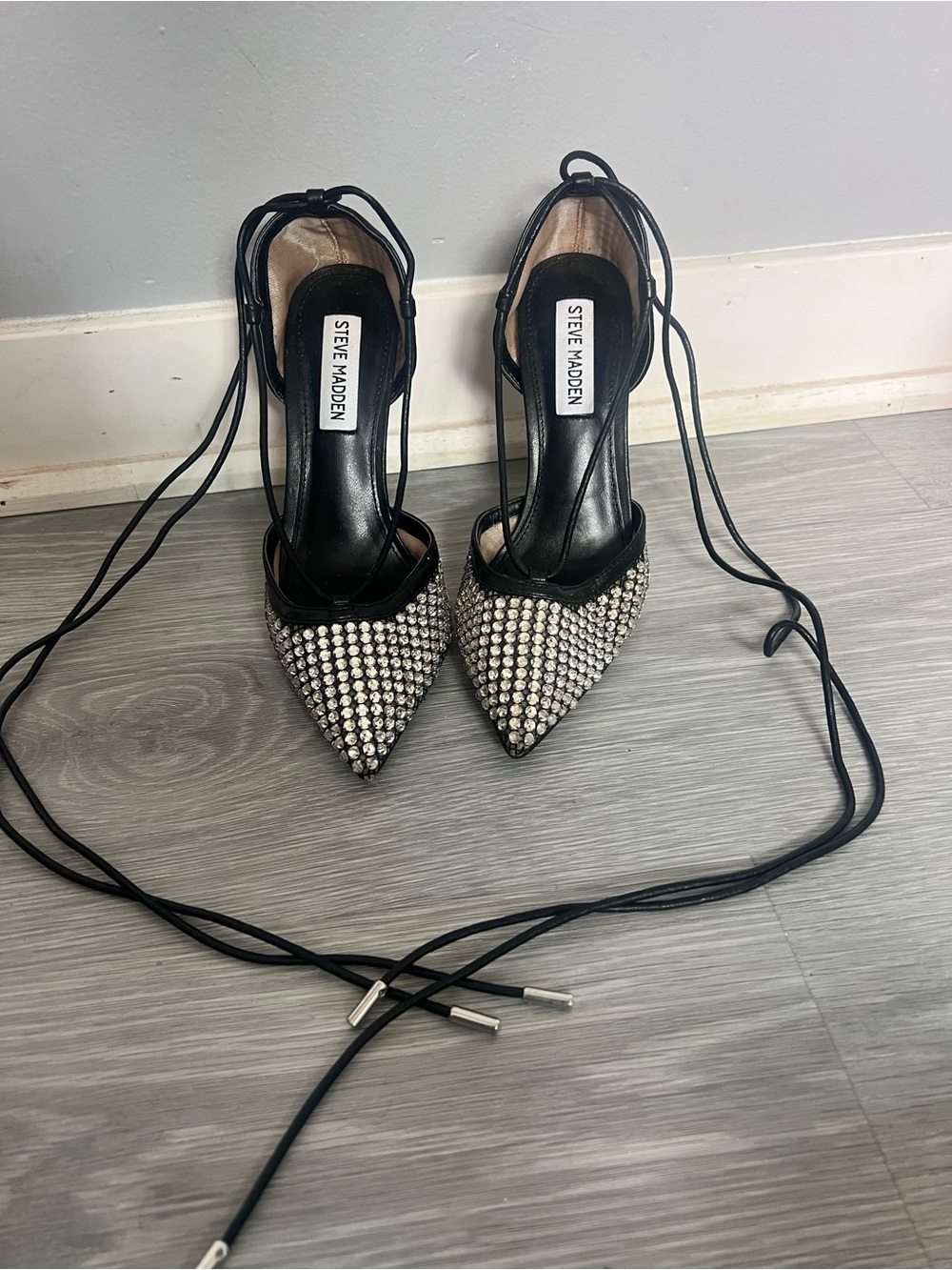 Steve Madden Black Pointed-Toe Lace-Up Heels with Silver Studs